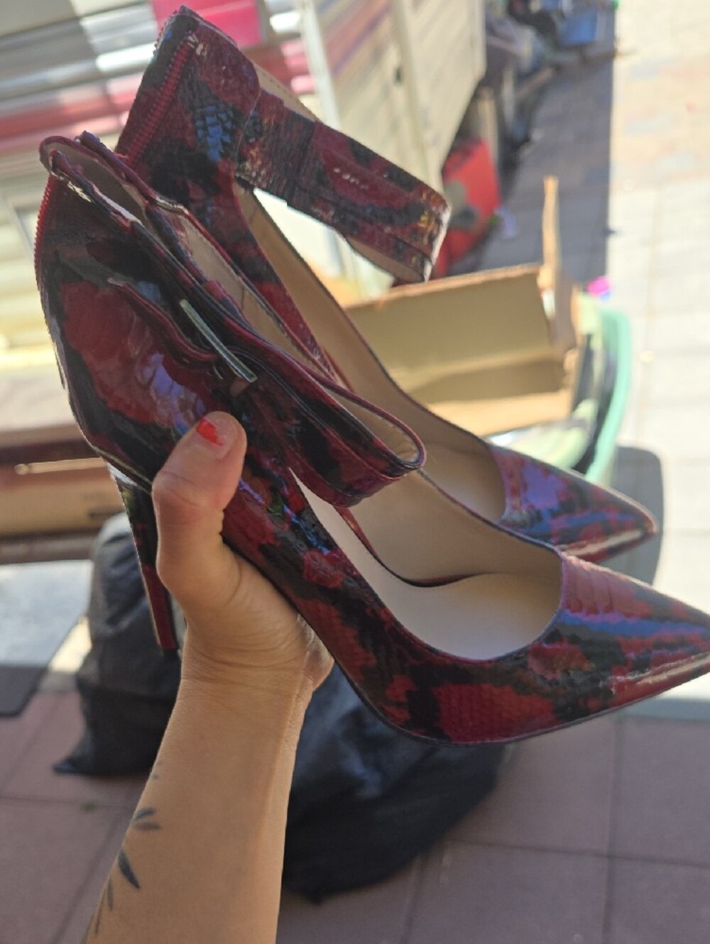 Gianni Bini Red and Black Patent Pointed-Toe Ankle-Strap Heels - Picture 3 of 5